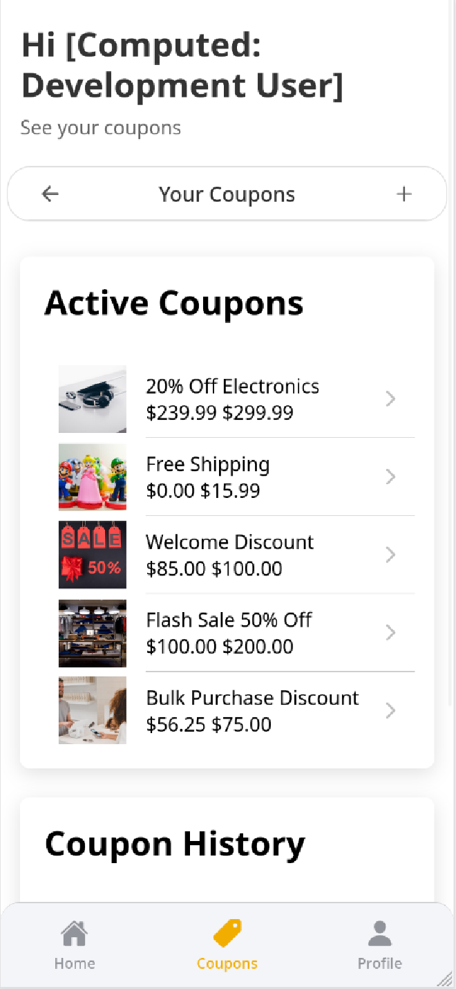 Business app management of coupons